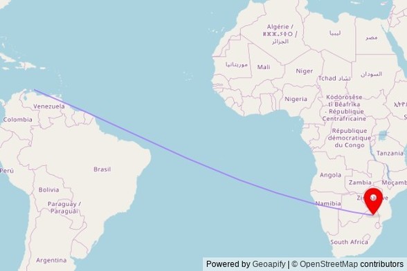 A map showing the great circle route from Willemstad in the Netherlands to a map pin at Kruispad Tzaneen, 2 Claude Wheatley Street, Greater Tzaneen Ward 15, Greater Tzaneen Local Municipality, 0850, South Africa