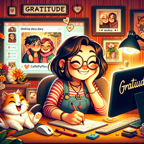 The image humorously depicts a cozy and whimsical scene where a female character is writing in her online diary, surrounded by symbols of family support and the playful antics of her kitty, Anubus. The scene captures the essence of gratitude for a personal outlet, the support of loved ones, and the companionship of a beloved pet, all underscored by light-hearted and comforting elements.    