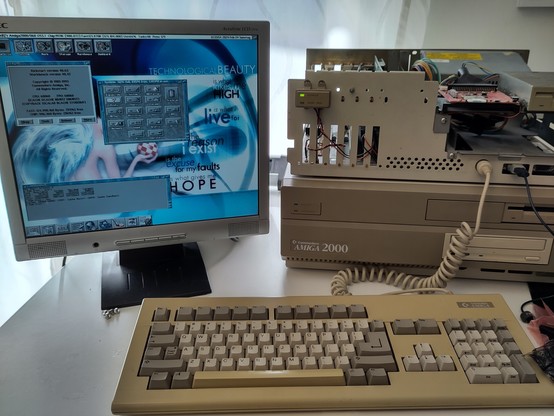 Amiga 2000 with a Blizzard 2060 booted into Workbench 3.1 with RTG.
