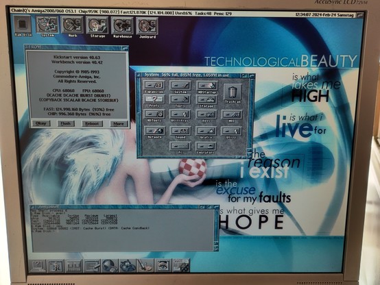 Amiga 2000 with a Blizzard 2060 booted into Workbench 3.1 with RTG, monitor closeup "screenshot".