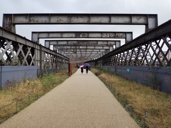 Looking along a path with rough grassy sides, following the route of a former railway along an iron girder viaduct. A few people in the distance.