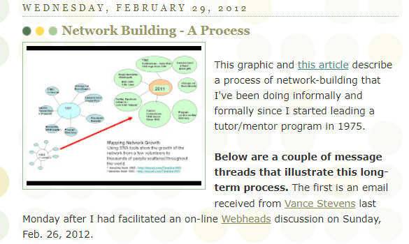 This is a February 2012 article on the Tutor/Mentor Institute, LLC blog. It describes network building as an on-going process and introduces two people who I had met 10 years previously.  