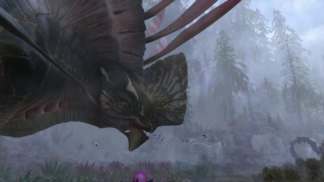 Digital artwork of a fantasy scenery with a large, dragon-like creature standing in a misty forest landscape filled with exotic plants and birds.