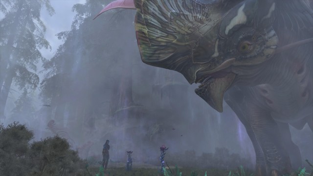 A digital artwork of a forest scene with a giant dinosaur-like creature and a human figure facing the creature, amidst misty trees and otherworldly flora.