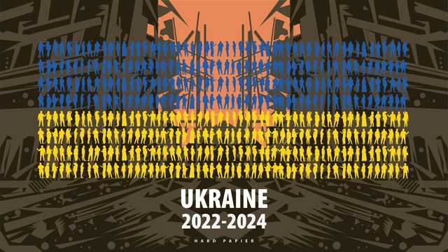 Foreground: Silhouettes of a large group of people together form the flag of Ukraine. Background: front of a residential complex, depicted in two shades of brown. The complex was wiped out in the middle by a rocket impact. Behind the residential complex a light orange colored sky.
