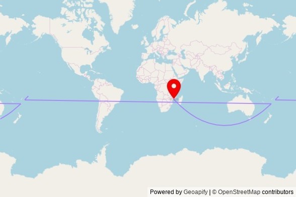 A map showing the great circle route from Apia in Samoa to a map pin at Sagrada Familia, N10, Uachave, Mozambique