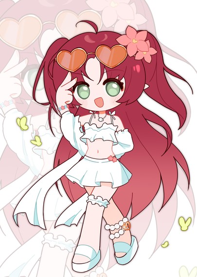 myrtle from arknights in a fluffy white skirt, tank top, sandles