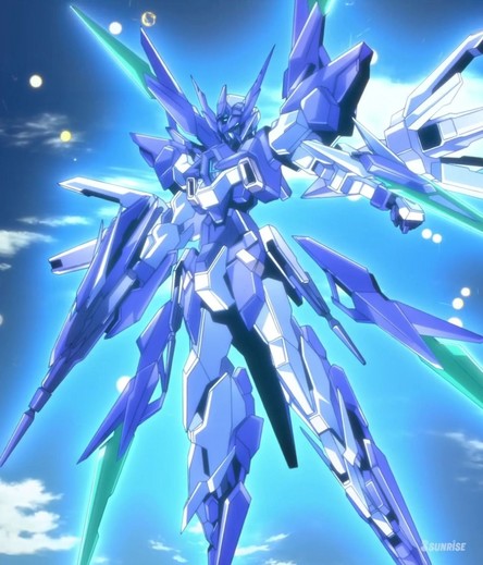 an image of a gundam , a robotic mobile suit, large, glowing in the sky, blue background with clouds, it is blue and white with green accents 