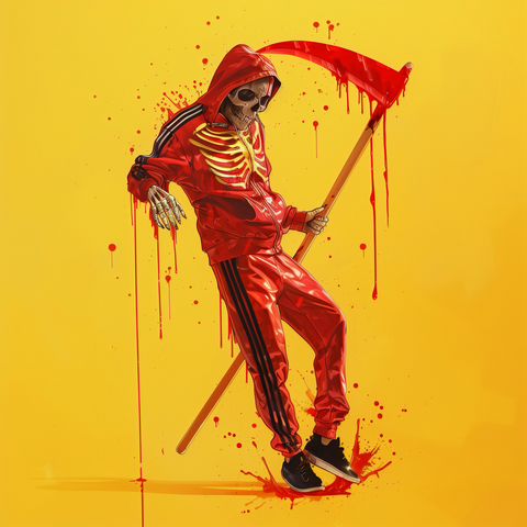 Ai art of a skeleton wearing a red adidas tracksuit with a scythe, a bold yellow background and contrasting red tracksuit with drops of blood #aiartcommunity