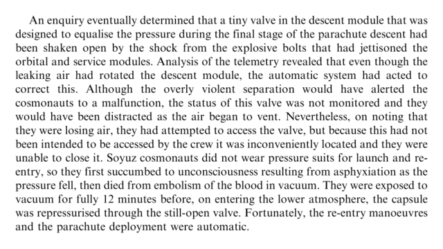 The transfer tunnel was overpressurised to check for a leaky hatch and then vented. They undocked and, laughing and joking because they were happy to be heading home, aligned the spacecraft for the de-orbit manoeuvre. There was a premature loss of signal, but the recovery team that gathered around the capsule on the steppe did not know this, and when they opened the hatch they were appalled to find Dobrovolsky, Patsayev and Volkov dead in their couches.

An enquiry eventually determined that a tiny valve in the descent module that was designed to equalise the pressure during the final stage of the parachute descent had been shaken open by the shock from the explosive bolts that had jettisoned the orbital and service modules. Analysis of the telemetry revealed that even though the leaking air had rotated the descent module, the automatic system had acted to correct this. Although the overly violent separation would have alerted the cosmonauts to a malfunction, the status of this valve was not monitored and they would have been distracted as the air began to vent. Nevertheless, on noting that they were losing air, they had attempted to access the valve, but because this had not been intended to be accessed by the crew it was inconveniently located and they were unable to close it. Soyuz cosmonauts did not wear pressure suits for launch and re-entry, so they first succumbed to unconsciousness resulting from asphyxiation as the pressure fell, then died from embolism of the blood.