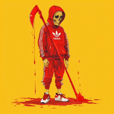 Ai art of a skeleton wearing a red adidas tracksuit with a scythe, a bold yellow background and contrasting red tracksuit with drops of blood #aiartcommunity