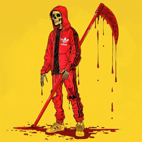 Ai art of a skeleton wearing a red adidas tracksuit with a scythe, a bold yellow background and contrasting red tracksuit with drops of blood #aiartcommunity