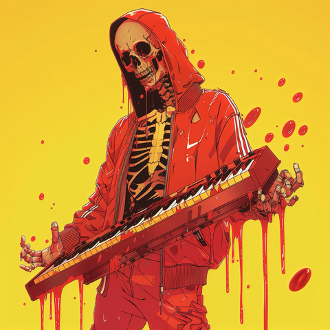 Ai art of a skeleton wearing a red adidas tracksuit with a scythe, a bold yellow background and contrasting red tracksuit with drops of blood #aiartcommunity
