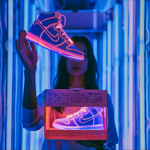 Ai art showcasing a neon UV Nike trainer floating and guided into a box by a female standing in a neon lit tunnel