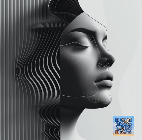 Black and white ai art, half 3d female portrait and half abstract pattern