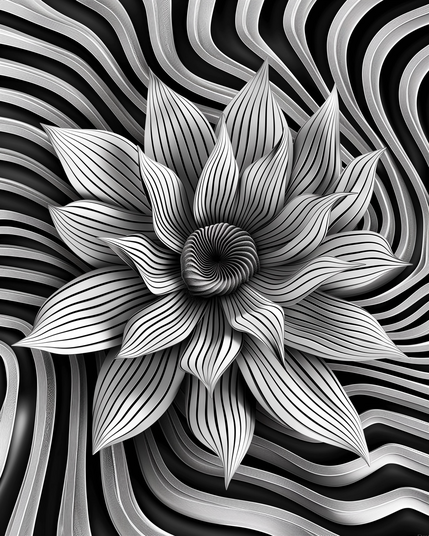 Black and white striped abstract flower ai art