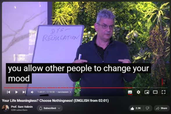 https://www.youtube.com/watch?v=XCo5XWKkjw4
Your Life Meaningless? Choose Nothingness! (ENGLISH from 02:01)

59,520 views  28 Dec 2021  Interviews and Lectures
Lecture in ENGLISH from 02:01 Mask off a minute later, be patient.

Choose happiness over dominance (be human, not a lobster);
Choose Meaning over complexity;
Choose fuzziness, incompleteness, imperfection, uncertainty, and unpredictability (in short: choose life) over illusory and fallacious order, structure, rules, and perfection imposed on reality (in short: death);
Choose the path over any destination, the journey over any goal, the process over any outcome, the questions over any answers
Be an authentic person with a single inner voice, proud of the internal, not the external.

(Lecture dated December 23, 2021 in Ragusa 360, Skopje, North Macedonia, organized by Zoran Vitanov, cinematography Marijan Ognenovski).

Nothingness: Antidote to Narcissism channel   

 / @nothingnessnonarcissism  

Nothingness playlist

  

 • Love Yourself: Here’s How - or, The F...