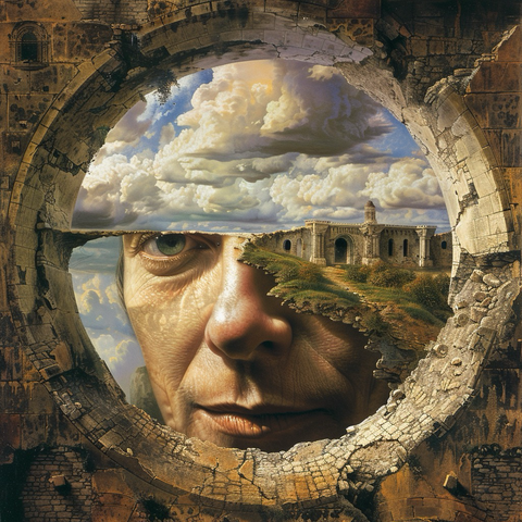 Metarealism: A style of Ai Art created in Midjourney - shows an optical illusion with overlaps of a humans face, the sky, earth, buildings through a circle hole in a wall.