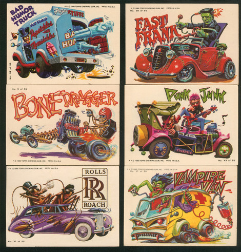 Collection of six "Topps Weird Wheels" sticker/cards, from top left:
-"Bad Humor Truck", "Fast Frank".
-"Bone Dragger", "Punk Junk".
-"Rolls Roach", "Vampire Van".