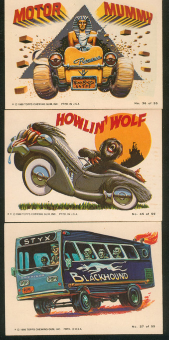 Collection of three "Topps Weird Wheels" sticker/card, from the top:
-"Motor Mummy".
-"Howlin' Wolf".
-"Blackhound".