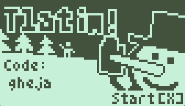 The title screen of my game I mentioned in the post. It is a highly pixelated screen with some winter theme, a small snowy hill with three pine trees and a waving person on the left, a snowman in hat and wit a mitten on its hand on the right. The credits are shown, currently reading "Code: gheja". In the bottom right corner is a prompt reading "Start [X]". The title is shown in big letters on the top left corner, reading "Tlatim!".