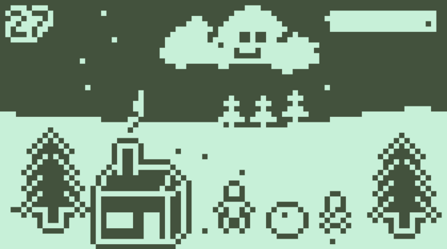 A screenshot from the game, it is highly pixelated, there is a landscape with a pine tree, a house, a person, a huge snow ball, a child and another pine tree. On the top half of the screen is the player character, a cloud. Top left is a counter reading 27, the seconds remaining. Top right is the energy meter, it is full.
