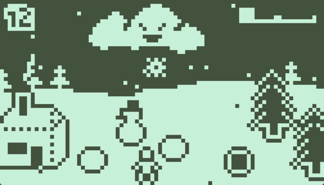 Another screenshot from the game, a landscape with a snow covered house, two huge snow balls and a snowman, a person and two pine trees. There is also a new element, a ball that restores the energy of the player. The cloud is grinning and just dropped a huge snowflake. 12 second left from the level and the energy bar is at around 20%.