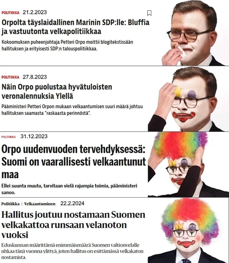 21.2.2023
Orpolta täyslaidallinen Marinin SDP:lle: Bluffia ja vastuutonta velkapolitiikkaa
Kokoomuksen puheenjohtaja Petteri Orpo moittii blogitekstissään hallituksen ja erityisesti SDP:n talouspolitiikkaa.

27.8.2023
Näin Orpo puolustaa hyvätuloisten veronalennuksia Ylellä
Pääministeri Petteri Orpon mukaan velkaantumisen suuri määrä johtuu hallituksen saamasta ”raskaasta perinnöstä”.

31.1.2023
Orpo uuden­vuoden tervehdyksessä: Suomi on vaarallisesti velkaantunut maa
Ellei suunta muutu, tarvitaan vielä rajumpia toimia, pääministeri sanoo.

22.2.2024
Hallitus joutuu nostamaan Suomen velka­kattoa runsaan velanoton vuoksi
Eduskunnan määrittämä enimmäismäärä Suomen valtionvelalle uhkaa tänä vuonna ylittyä, joten hallitus on esittämässä velkakaton nostamista.