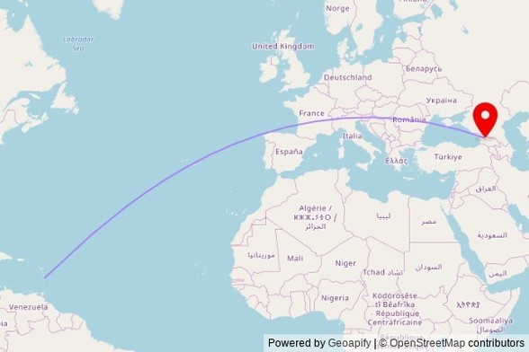 A map showing the great circle route from Castries in Saint Lucia to a map pin at St. Kvirike and Ielita Church, Kutaisi-Tskhaltubo-Tsageri-Lentekhi-Lasdili, Rtskhmeluri, Georgia