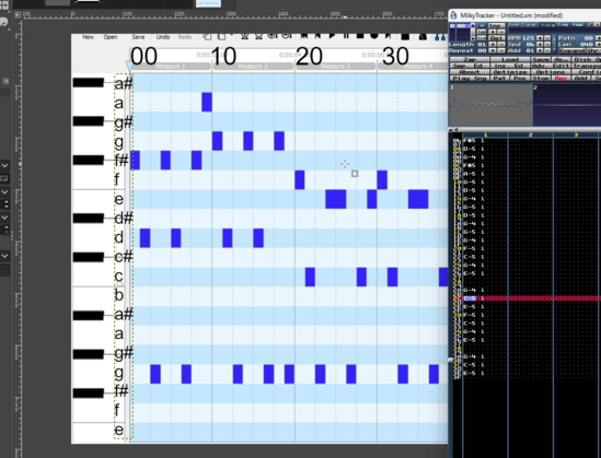 A screenshot of my desktop, on the left I have GIMP open, on the right MilkyTracker. In GIMP I have a screenshot from MidiEditor open where I drew the names for the notes over it and also the numbers of the rows. In MilkyTracker I copied the notes based on these parameters.