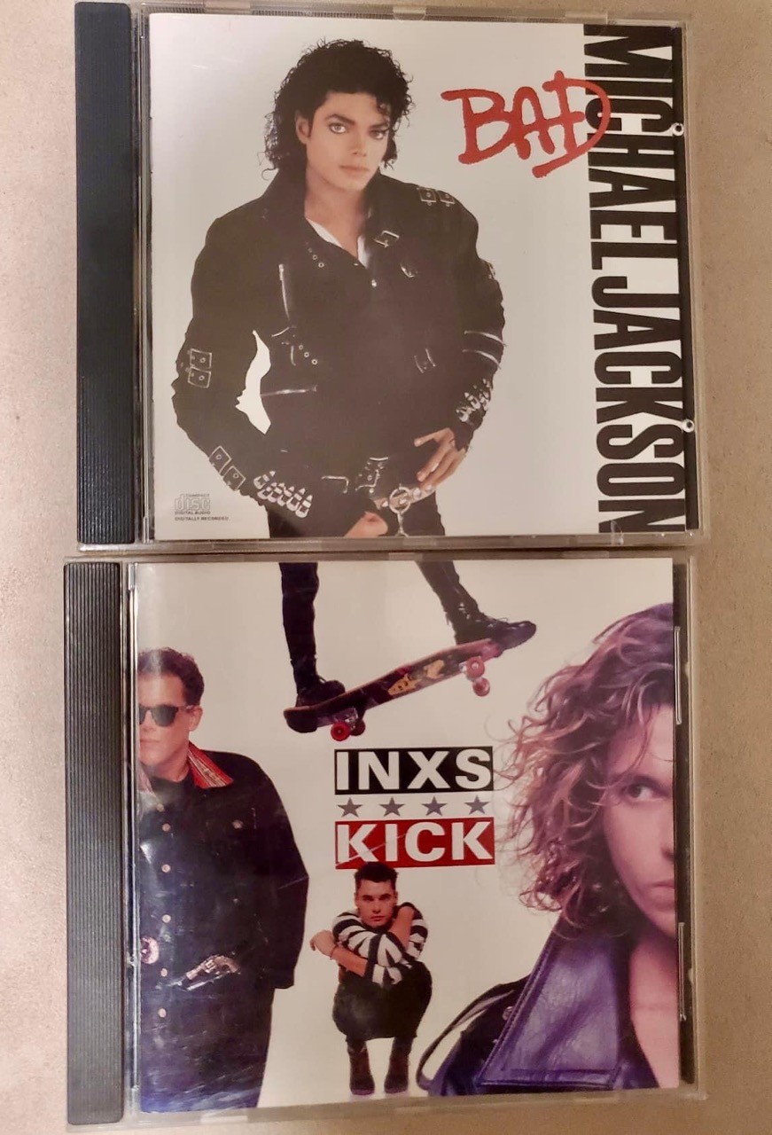 Michael Jackson’s Bad album placed above INXS’s Kick album making it look like Michael Jackson has tiny legs and is skateboarding