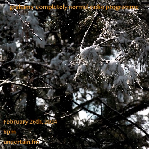 Branches of a pine tree, heavily laden with snowfall, blurred by bokeh in the distance.

Orange text overlaid promoting a radio show, details in the main post.