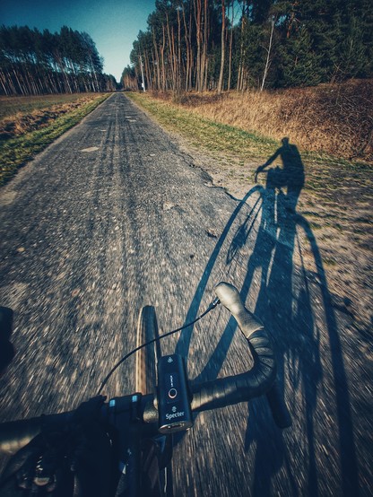 Cień na asfaltowej drodze rzucany przez jadącego rowerzystę.