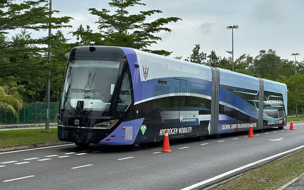A prototype of the Sarawak ART vehicle undergoing an engineering run around SEDC Tower area. / Photo by BananaForScale released under CC BY-SA 4.0 on Wikimedia Commons.
