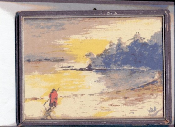A painting of a First Nations man on a beach in a curving bay. The artist was Walter Birnie Anderson, son of A.C.Anderson, and he did many small paintings like this one. 