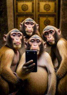 Vier Schimpansen machen ein Foto mit einem Smartphone