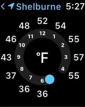 Digital watch face displaying time as 5:27 with a temperature dial reading in Fahrenheit, going from 36 degrees at 6 am to 57 degrees at 3 pm