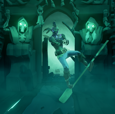 Screenshot from Sea of Thieves showing my pirate character on the Ferry of the Damned, balancing on an oar (it's very cool)