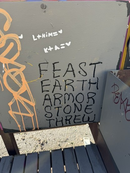 A tag on the wall that says: feast, earth, armor, stone, threw. Each word is written above the other word in clear columns, so the words can be read vertically or horizontally. 