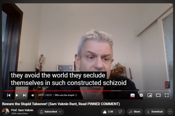 https://www.youtube.com/watch?v=z3rZXrLQUXw
Beware the Stupid Takeover! (Sam Vaknin Rant, Read PINNED COMMENT)

43,305 views  28 Aug 2022  Mind of the Psychopathic Narcissist
The stupid have always had opinions about everything under the sun. But they were wary of expressing them lest they be shamed, ridiculed, and shunned by their betters. This is no longer the case: the dumb are brazen and vociferous, drowning out, by the force of sheer numbers, all informed voices.

The ignorant and the retarded are the overwhelming majority. They trust their pitiable life experience over science. They adhere to magical thinking. And they are fierce in the defense of their grandiose, inflated, fantastic self-image as undiscovered geniuses (Dunning-Kruger effect).

Technology empowers mediocre failures and losers in their self-delusion of malignant egalitarianism.

Access to raw information is not the same as possession of structured knowledge. But the stupid can’t tell the difference: “I am as knowledgeable as my doctor or professor because I can google. My opinions, therefore, count as facts.”

Stupidity is on the rise for two reasons: 1. A reverse Flynn effect: there has been a precipitous decline in average IQ scores in the past 4 decades; and 2. Inanity is tolerated and legitimized thereby encouraging indolence, entitlement, and nescience.