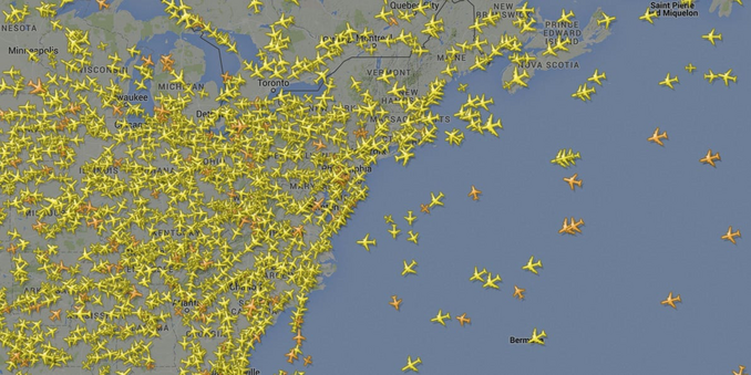 Air traffic map of US east cost with hundreds of planes in flight