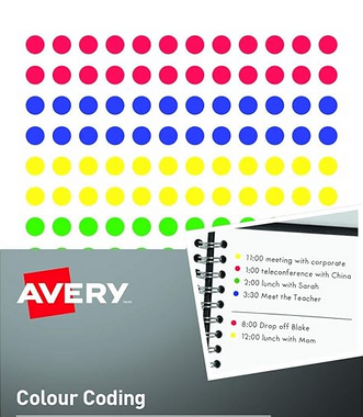 Photo of round stickers of various colours.