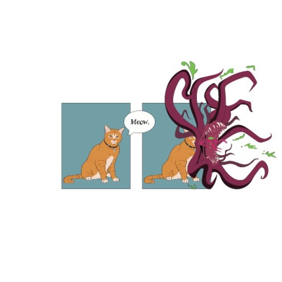 Illustration from a t-shirt showing a flerken from the Captain Marvel series. The left panel shows what appears to be an orange cat. The right panel shows the flerken revealing its true nature, with a mass of tentacles sprouting from the "cat"'s mouth.