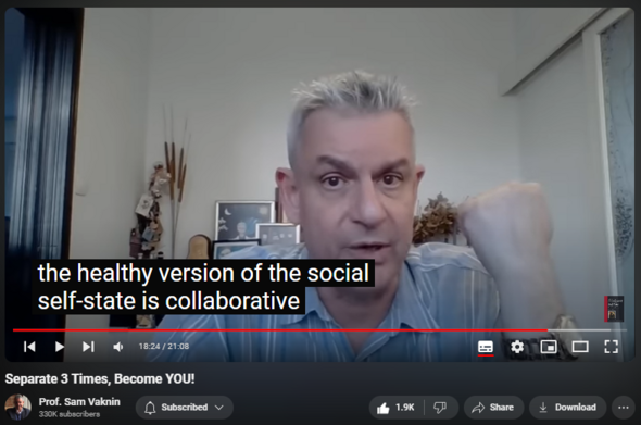 https://www.youtube.com/watch?v=OS-cymvkXg0
Separate 3 Times, Become YOU!

37,078 views  4 Sept 2022  Therapies and Treatment Modalities
Three separations: infantile, adolescent, social

Impediments: dead mothers, strict parents, nanny states and institutions

Each separation leads to self-state. It could be a healthy, functional self-state or, once impeded, a pathological one. 

Autonomous self-state (grandiose vs. insecure or fearful)

Peer self-state (defiant vs. conforming) 

Social self-state (collaborative vs. avoidant)

Disrupted self-states:

Autonomous (borderline, narcissistic, paranoid, covert)

Peer (schizoid, avoidant, codependent or people pleaser)

Social (antisocial, asocial, ostentatiously and self-sacrificially prosocial)