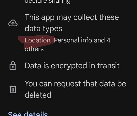 An excerpt of the Android app store description page for a Microsoft text-entry keyboarding app. The screenshot highlights "Location" under the subheading, "This app may collect these data types".