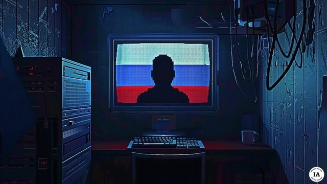 Une pièce sombre et morose dotée d'un équipement informatique de pointe, dont un grand écran avec la silhouette d'une personne, évoquant des opérations de cyberespionnage ou de surveillance.