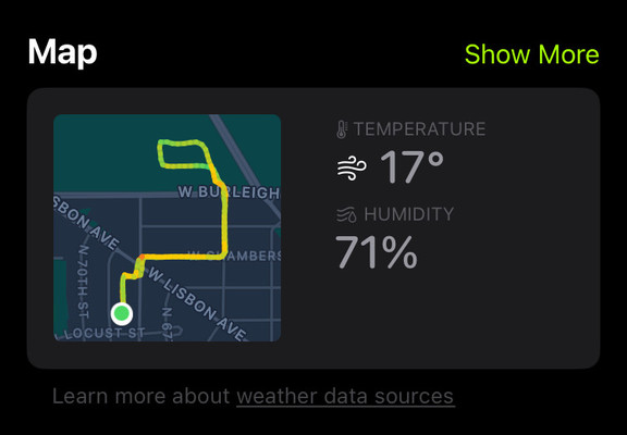 A map of a bike ride showing 17˚ F that.