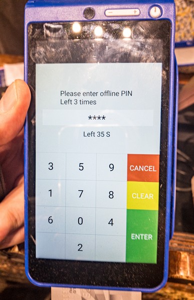 A picture of a credit card machine with the screen where you’re supposed to enter your PIN. The numbers are bizarrely ordered, with 3, 5, 9 on the top row, 1, 7, 8 on the second, 6, 0, 4 on the third, and 2 alone at the bottom. I’m sure there’s an answer … is it an anti-fraud thing?