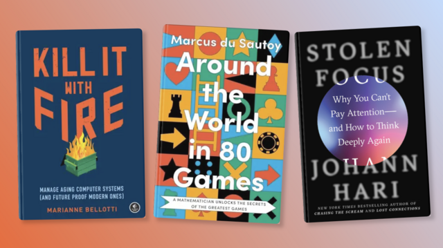 An example of a component gallery for books covers. It shows three books (Kill It with Fire, Around the World in 80 Games, and Stolen Focus) on a orange-gray gradient background. The books are gently tilted in random directions.