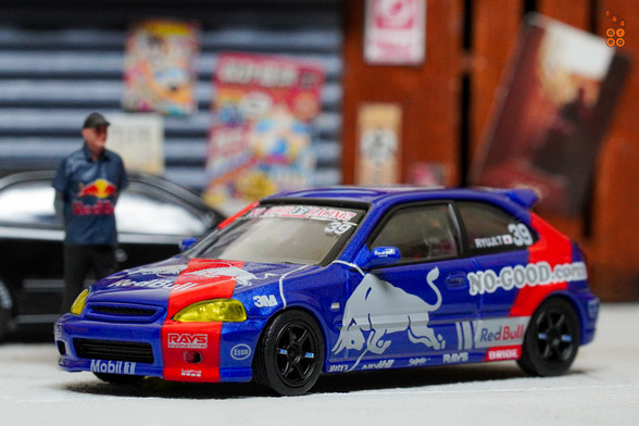 Honda Civic Type-R EK9 No Good Racing Red Bull Livery by INNO64 in 1:64 scale with 1:64 figure on area 164
